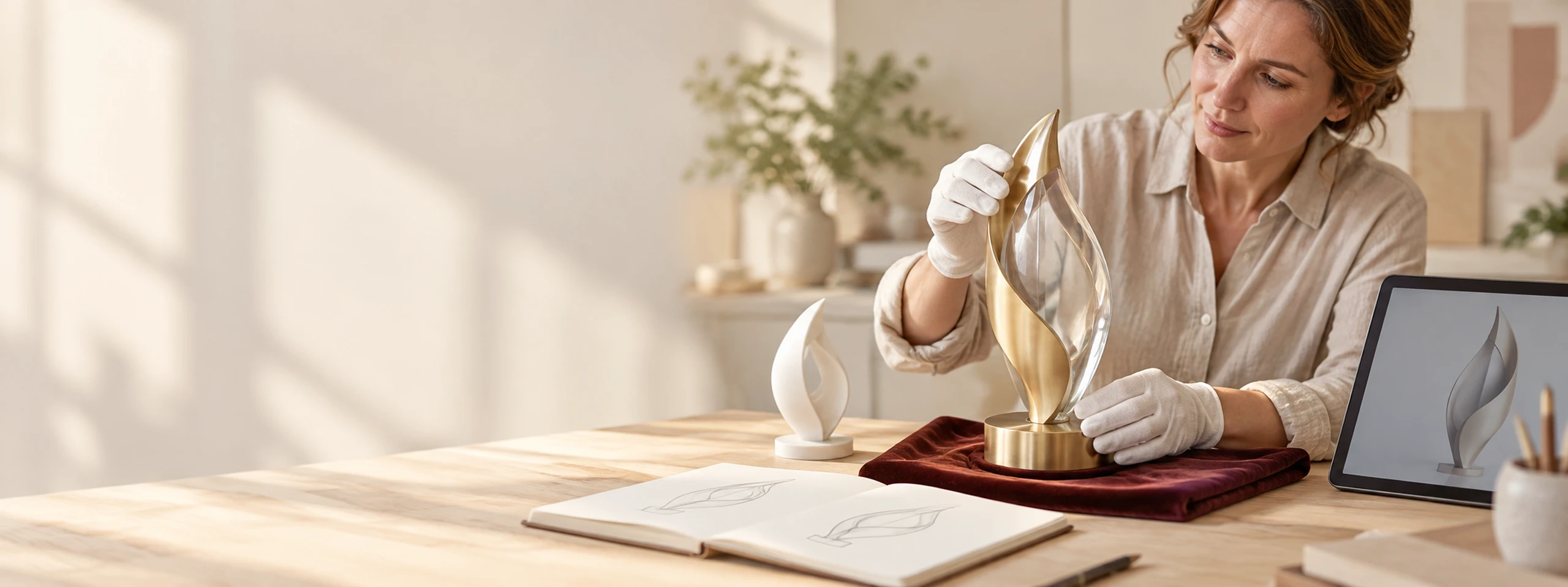 Een ontwerper werkt aan een award in de studio