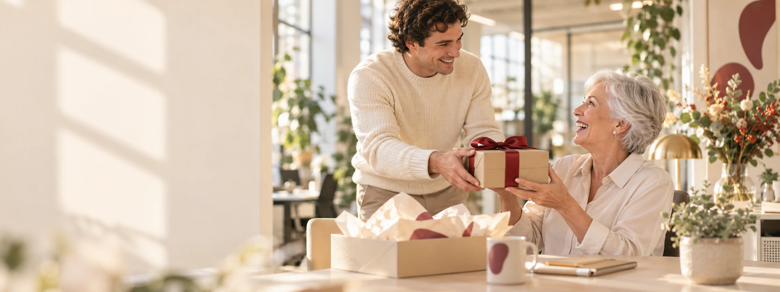 Een office manager overhandigt een ingepakt geschenk met bordeaux lint